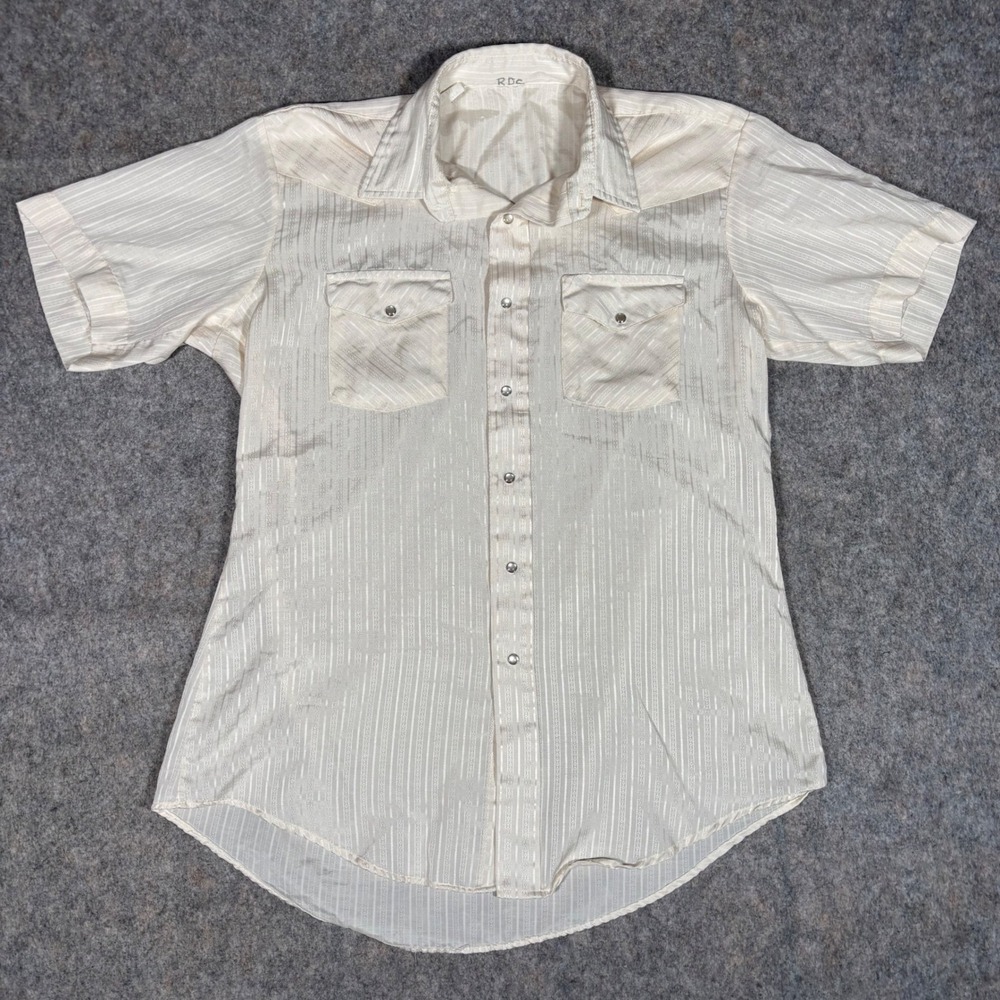VTG Pearl Snap Western Shirt Long Tail Mens 16.5 M/L Jacquard Stripe 70s s/s USA